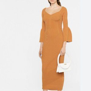 Self-Portrait FLOUNCE-SLEEVE KNITTED LONG DRESS in Tan Sz L
